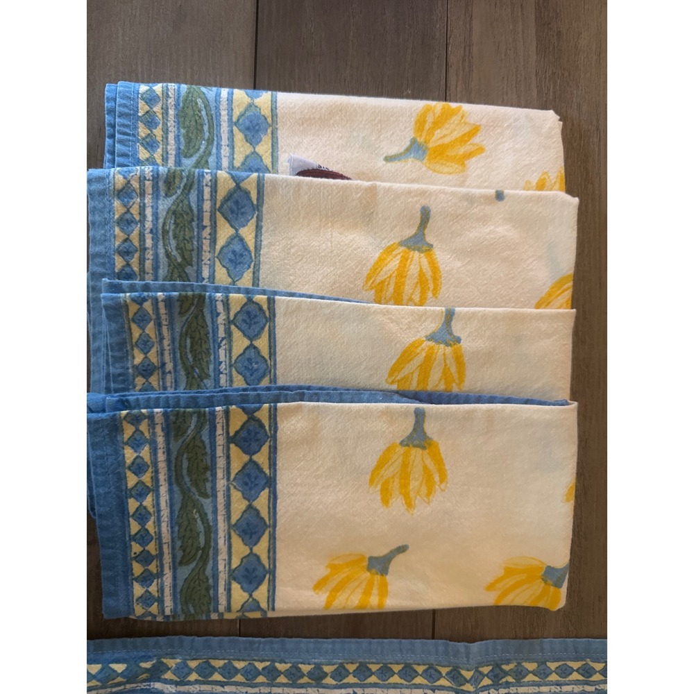 Couleur Nature Paris Yellow Floral Blue Border Cotton Napkins Set of 4 19x19 - Picture 2 of 6